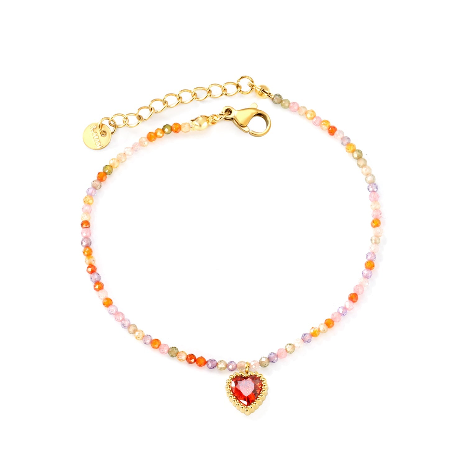 8.5*8.6mm Bead Edge Heart Shape Sticky White/Black/Purple/Red/Pink Zirconia Accessories 2mm White Beads*18+3cm+6mm Round Plaque Bracelet Golden asonjewelry